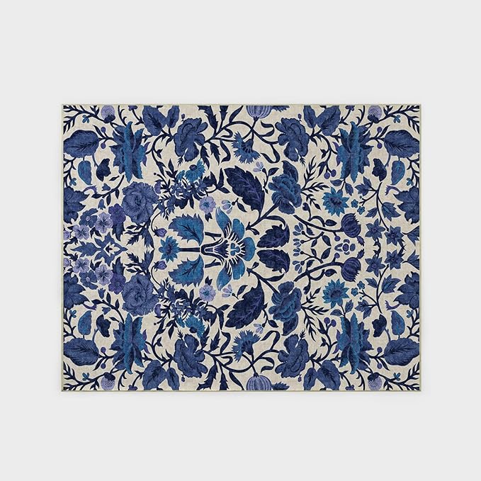 EVERGRACE Area Rugs for Living Room 8x10, Boho Floral Faux Wool Indoor Outdoor Rugs, Washable Rugs for Bedroom Dining Room Entryway Kitchen, Low Pile Floor Mat Carpet for Home Decor, Celtic Blue