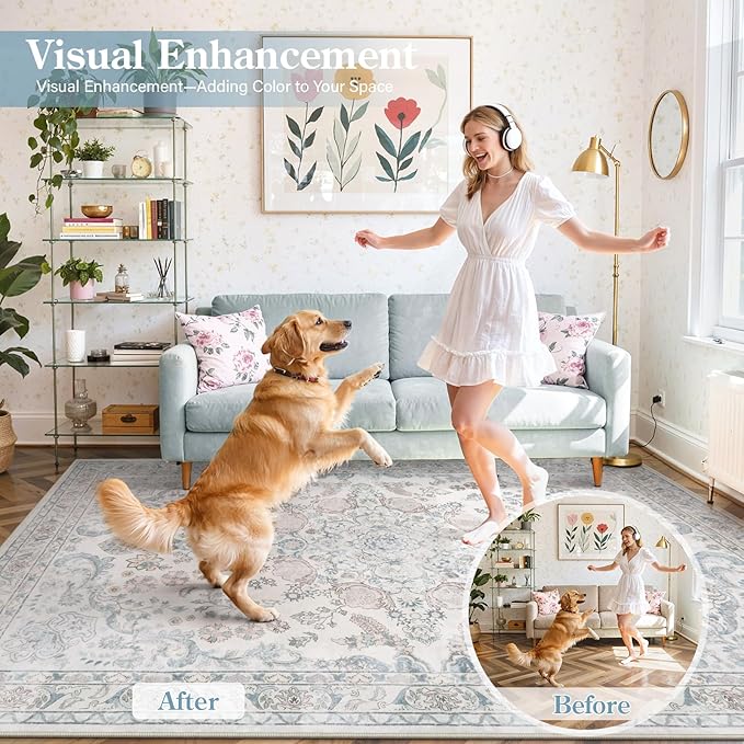 Wonnitar Floral 8x10 Washable Rug, Blue Rug for Bedroom Nursery Decor, Ultra-Thin Large Non-Slip Soft Boho Vintage Distress Print Carpet for Living Room Kids Playroom Office