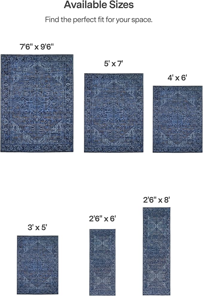 ReaLife Rugs Machine Washable Area Rug Runner - Living Room Bedroom Bathroom Kitchen Entryway Office - Padded Low Pile Stain Resistant Premium - Boho Vintage Traditional - Lyle - Blue 2'6" x 6'