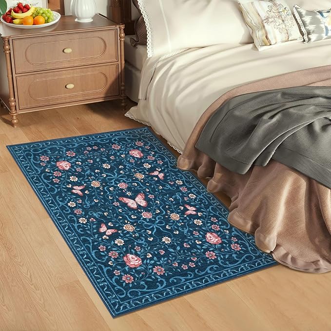 GarveeHome 2x3 Floral Area Rug Non Slip Entryway Mat Low Pile Stain Resistant Butterfly Kitchen Rugs Soft Small Throw Carpet for Dining Room Bedroom Washable Bow Rugs for Living Room Bathroom, 2x3