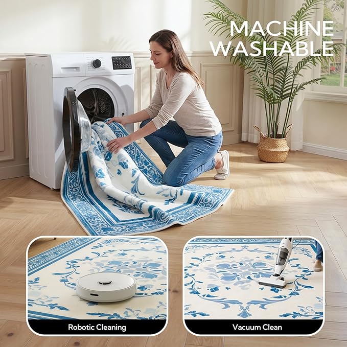 SOULFUL Medium Pile 8x10 Rugs for Living Room - Cozy Soft Underfoot Large Area Rug - Mist Blue Boho Floral - Washable Non-Slip - Perfect for Bedroom Kids Room Under Dining Table Office