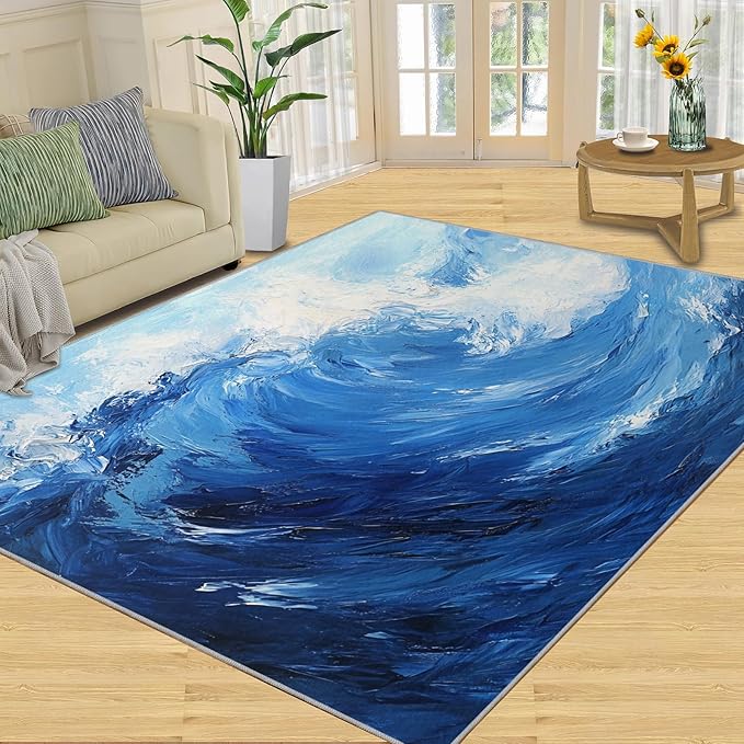 Japanese Ocean Rugs for Bedroom - 5x6 Area Rug - Ukiyo-E Ocean Waves Rugs for Living Room, Abstract Oil Painting Ocean Rug, Washable Home Decor Carpet