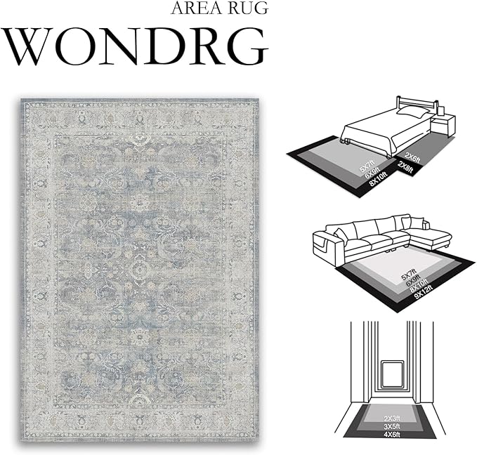 6x9 Blue Washable Area Rug for Living Room Bedroom Neutral Soft Non Slip Rug Low Pile Vintage Distressed Carpet for Dining Room Nursery Office Indoor