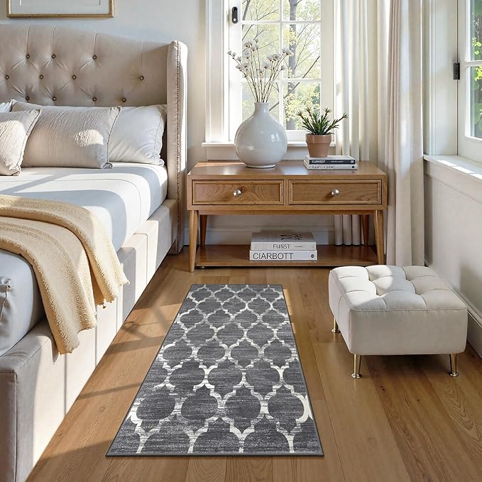 Lahome Moroccan Grey Runner Rug for Hallway - 2x4 Rug Washable Non-Slip Small Rug Lightweight Throw Soft Bath Modern Floor Carpet Runner for Kitchen Entryway Bedroom Laundry Room