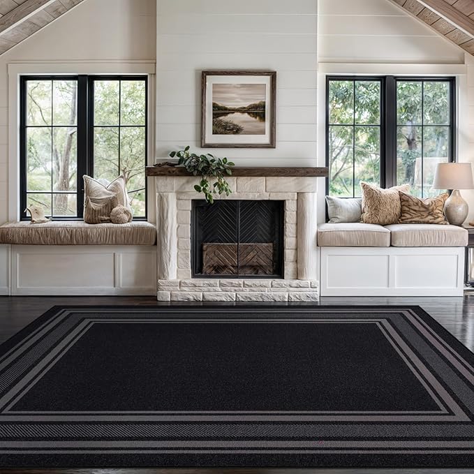 Beverly Rug Non Slip Area Rugs 5x7 Modern Bordered Non Skid Rubber Backing Soft Area Rug for Living Dining Room Easy to Clean Non Shedding Kitchen Bedroom Indoor Carpet 5 x 7 Black