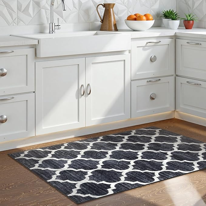 Lahome Moroccan 2x4 Runner Rug Washable Non Slip Black Entryway Runner Rugs, Laundry Throw Rug and Indoor Mat for Laundry Room, Washable Runner Rugs for Kitchen Hallway Entry Area Rugs(Black,2'x4')