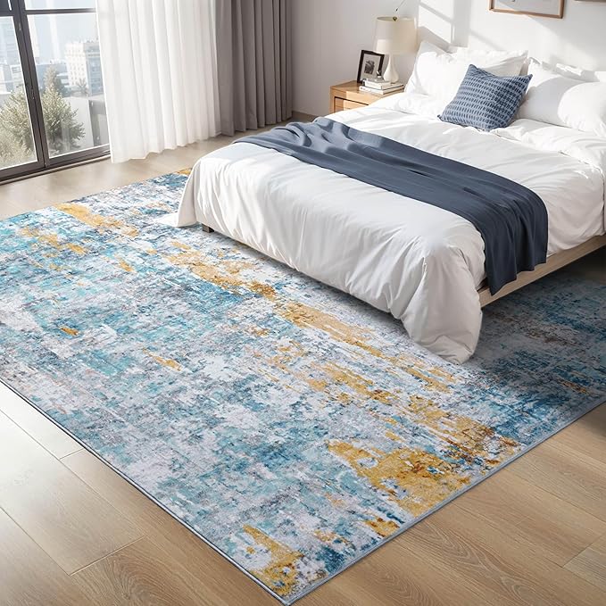 Ompaa Living Room Rug 8x10 Blue Area Rugs Machine Washable Abstract Boho Large Carpet Non-Slip Non-Shedding Faux Wool Indoor Vintage Rugs for Bedroom, Classroom, Dining Room, Kids Playroom