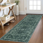 KOZYFLY Runners for Hallways 2x6 Ft Washable Kitchen Runner Rug Boho Runner Rug for Entryway Indoor Printed Oriental Faux Wool Floor Carpet Runner for Bedroom Kitchen Hall, Dark Green