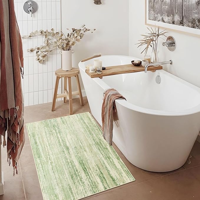 MUJOO Small Rug Washable,2x3 Area Rugs for Entryway Entry Entrance Bedroom Bathroom,Modern Abstract Low Pile Throw Rug,Front Door Mat Non Slip Accent Neutral Carpet Indoor Green