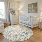 Wonnitar Floral Round Rugs 6ft, Boho Large Machine Washable Circle Rug, Low Pile Soft Flower Botanical Print Beige Round Carpet for Living Room Bedroom Dorm Sunroom