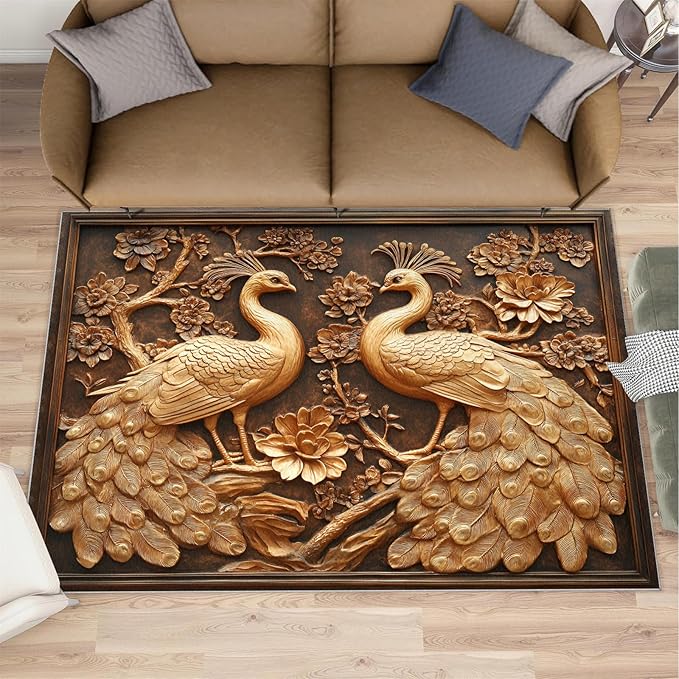 Peacock Rugs for Bedroom - 8x10 Rug, European Style Area Rugs for Living Room, Peacock Decor Carpet, Gold Peafowl Washable Area Mat, Luxury Carpet - Peafowl Home Decor & Gifts