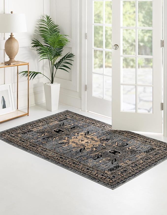 Unique Loom Taftan Collection Border Geometric Tribal Inspired Design Area Rug (6' 0 x 9' 0 Rectangular, Gray/ Black)