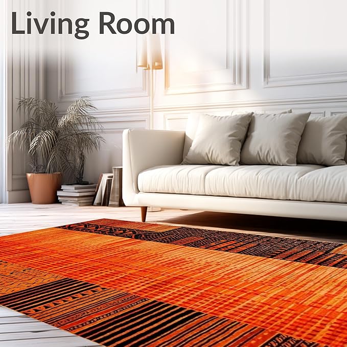 Flatwoven High Traffic Area Rug 6x9, Burnt Orange Copper Fiery Abstract Shape Floor, Non Slip, Stain Resistant, Washable Area Rugs for Living Room, Bedroom (Orange, 6x9)