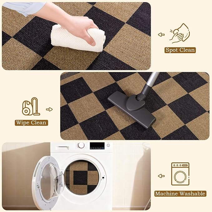 Vasofe Washable Small Entry Rug, 2x3 Checkered Jute Rugs Outdoor Indoor Front Door Mat, Non-Slip Bedroom Entrance Doorway Kitchen Mats, Plaid Farmhouse Porch Carpet, Black and Brown