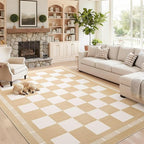 Vasofe Checkered Jute Rugs, 6x9 Large Washable Outdoor Patio Rug, Living Room Bedroom Dining Room Indoor Carpet, Non Slip Modern Farmhouse Neutral Geometric Porch Classroom Mat, Khaki and White