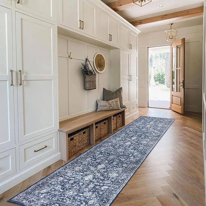 KILOCOCO Runner for Hallway 2.6x10 Runner Rug Printed Vintage Floral Washable Rug Kitchen Runners Soft Non-Slip Low Pile Hallway Runners Laundry Room Distressed Boho Rugs, Blue