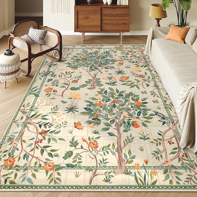 Morebes Washable 8x10 Area Rugs for Living Room, Boho Sage Green Rugs for Bedroom Non Slip, Soft Floral Indoor Floor Carpet for Dining Room Home Office Kids Playroom Foyer Nursery