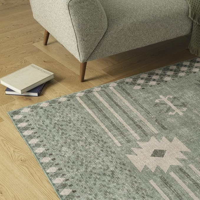 Revival Rugs Flam 5'x8' Zero-Shedding Area Rug for Living Room Bedroom - Oeko-TEX Certified, Low Pile, Spot Clean, Green