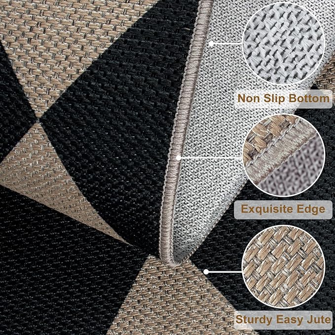 Easy Jute Checkered Area Rug, 3x5 Indoor Outdoor Door Mat Washable Black Modern Diamond Kitchen Rugs, Non-Slip Neutral Farmhouse Throw Carpet for Living Room Patio Kids Room