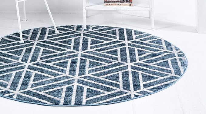 Rugs.com Lattice Trellis Collection Rug – 8 Ft Round Blue Low-Pile Rug Perfect for Kitchens, Dining Rooms
