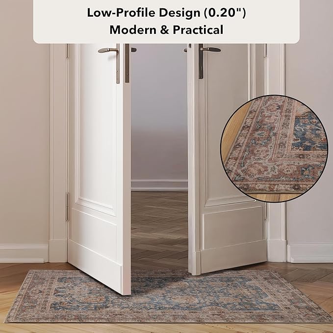 Kuden 4x6 Area Rug, Machine Washable Area Rug with Non-Slip Backing, Vintage Style, Soft, Easy Clean, Low Pile Rug for Living Room, Bedroom, Dining Room