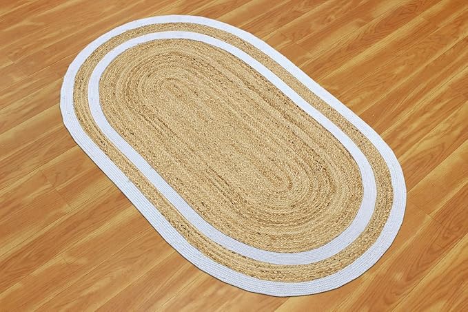 Oval Runner 2.6x6 Kilim Jute Runner Natural Oval Thick 0.27" Solid Design Beige White Hand Braided Jute Flatweave Mat Handmade Boho Indoor Outdoor Rugs for Kitchen Enterway