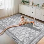 6x9 Washable Area Rug Non Slip, Faded Grey Living Room Rugs Low Pile, Thin Vintage Floral Carpets, Indoor Large Distressed Print Carpet for Bedroom Dining Room Farmhouse Home Office College Dorm
