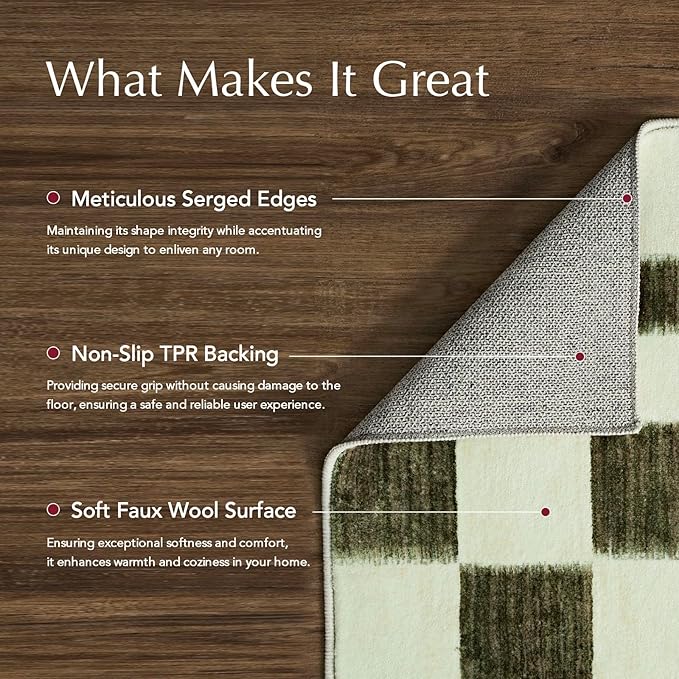 EVERGRACE Checkered Plaid Area Rug 9x12, Soft Faux Wool Rugs Washable Anti Slip Rugs Large Rug Carpet for Entryway Bedroom Living Room Hallway Kitchen Dining Room and Laundry Room, Olive Green