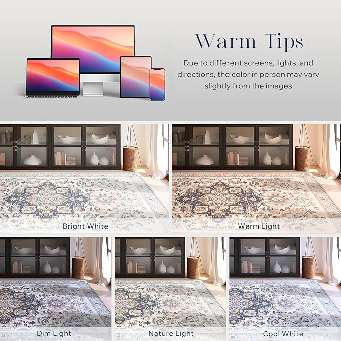 Phantoscope Washable Area Rug 4'x6' Non-Slip, Vintage Boho Rugs for Living Room, Bedroom, Dining Room, Persian Floral Medallion Pattern, Low-Pile Foldable Floor Carpet, Ivory Blue/Garden Bloom