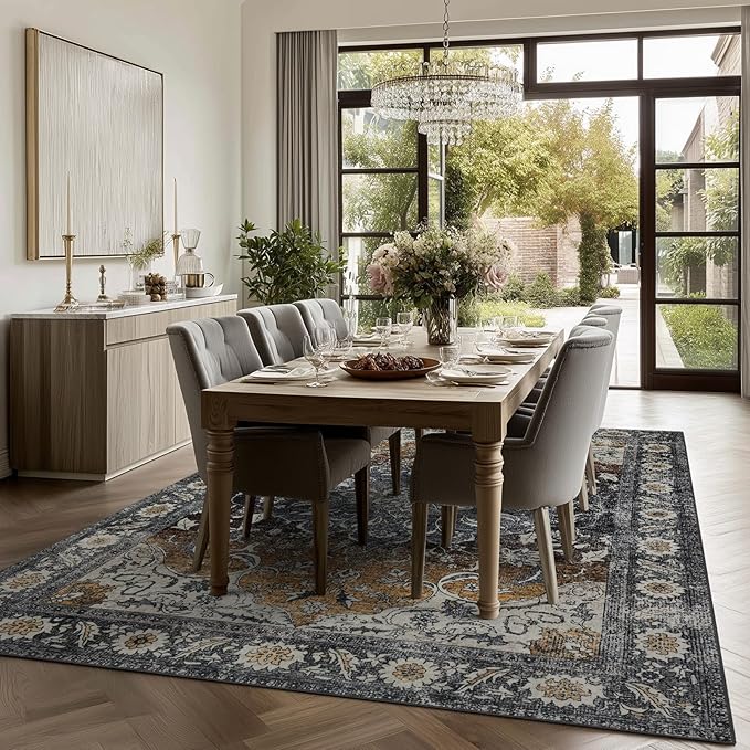 Washable Rugs 5x7 Area Rugs for Living Room, Thin Carpet for Bedroom, Soft Faux Wool Retro Dining Room Rug，Non Slip&Non-Shedding Resistant Low Pile Vintage Print Rug for Home Office (Tan/Gray)