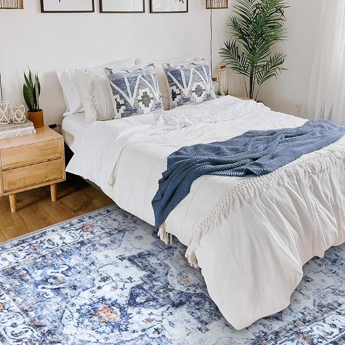 COMSLE 4x6 Rugs for Living Room Washable Area Rugs for Bedroom Faux Wool Distressed Throw Rugs Absorbent Non-Slip Floor Carpet for Indoor Kitchen Laundry Room Blue