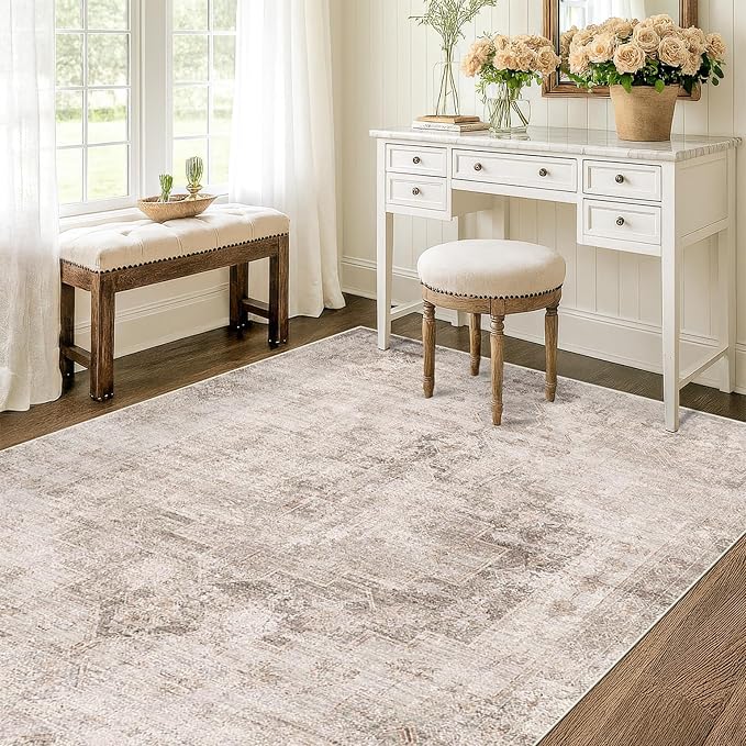 Washable 4x6 Rug for Small Living Room, Area Rug for Kitchen, Bedside, Large Entryway Indoor - Stain Resistant Non Slip with Rubber Backing, Unique Floral Aethestic Décor, Light Brown & Beige