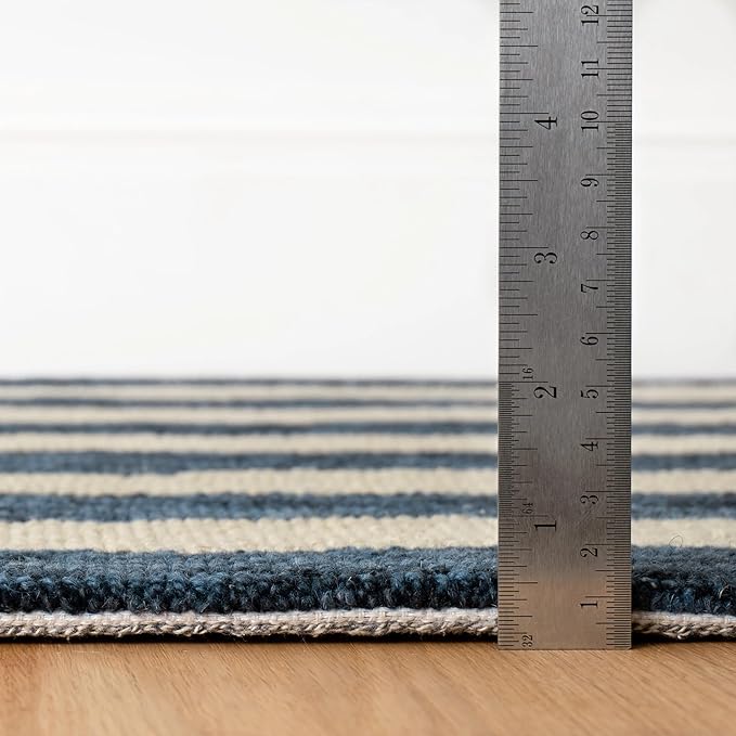 Dash & Albert Silas Stripe Navy Hand Micro Hooked Wool Rug, Runner-2.5 X 8 Feet, Blue Stripe Pattern - Premium Luxury Hotel Quality Soft Breathable Hypoallergenic Machine Washable Easy Care All