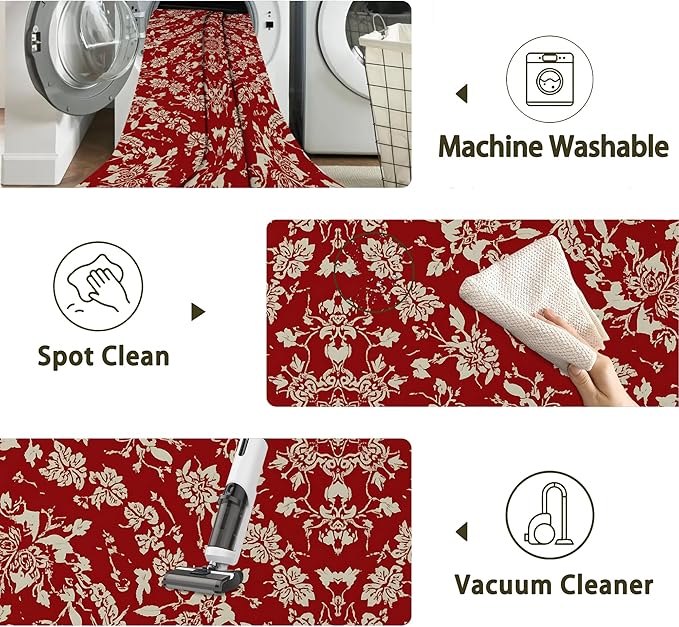 Red Flower Carpet for Living Room, 3x5 Non-Slip Washable Low Pile Abstract Design Rug, Space Saving Area Rug for Bedroom, Dining Room