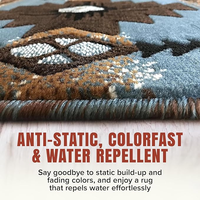 YHSF South West Native American Area Rug C318 - Easy Clean, Thick, Soft, Durable Native Tribal American Indian Inspired Rug for Bedroom/Living Room and More - Blue-Brown, 5 Feet x 7 Feet
