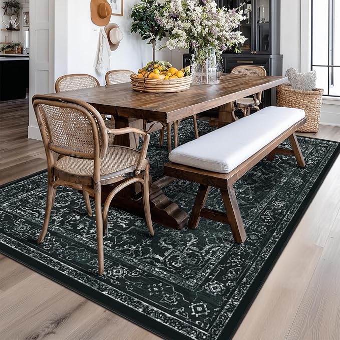 Vintage Dark Area Rugs 5x8, Non Slip Washable Rug for Living Room Bedroom, Medallion Distressed Printed Low Pile Thin Carpet Rugs for Dining Room/Kitchen/Home Office, Black and White