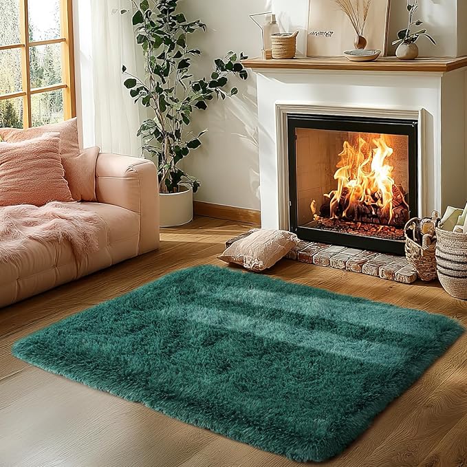 Zentavio Area Rugs for Living Room Small Carpet for Bedroom 3x5 Bedside Washable Soft Fluffy Shag Aesthetic Plush High Pile Throw Rug for Nursery Kids Room Dorm Room Green