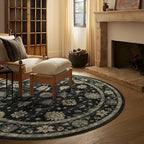 Washable Round Area Rug 8ft - Charcoal Black Traditional Floral Living Room Circle Rug 8x8 Non-Slip Farmhouse Dining Room Carpet Soft Vintage Boho Round Rugs for Bedroom Office Entryway