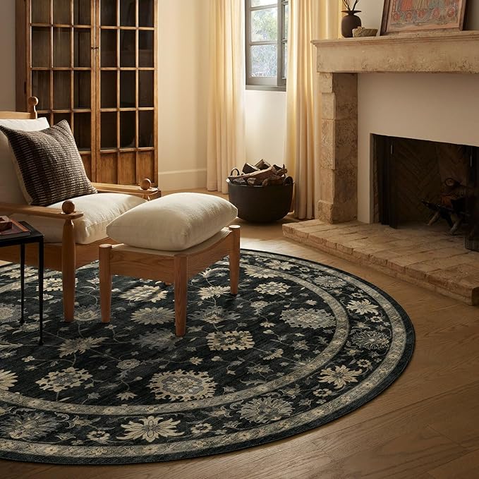 Washable Round Area Rug 6ft - Charcoal Black Traditional Floral Living Room Circle Rug Non-Slip Farmhouse Dining Room Carpet Soft Vintage Boho Round Rugs for Bedroom Office Entryway