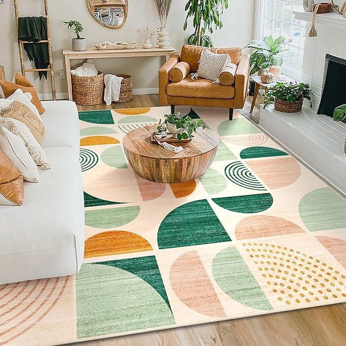 MUJOO Green Washable Rugs 8x10,Boho Area Rugs for Living Room Bedroom,Large Throw Floor Carpet Non Slip Soft Modern Abstract Sage Green