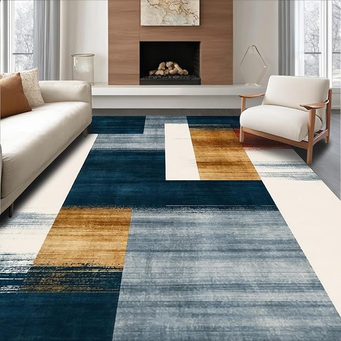 Flatwoven High Traffic Area Rug 5x7, Eclectic Funky Ink Wash Design Abstract Area in Multi Tone, Non Slip, Stain Resistant, Washable Area Rugs for Living Room, Bedroom (Blue, 5x7)