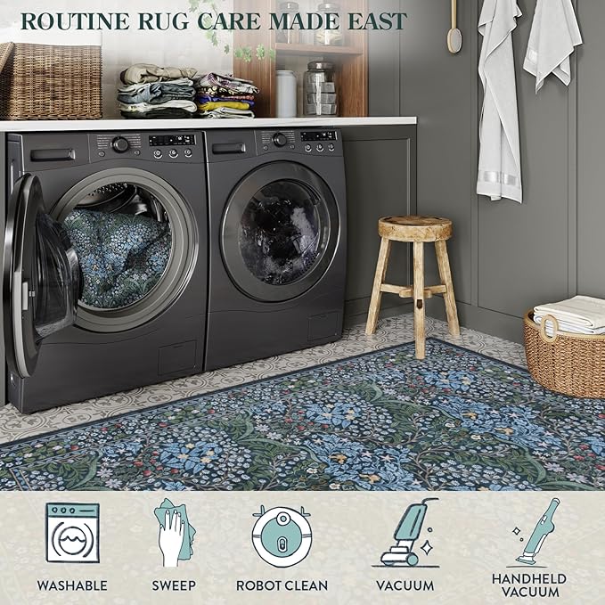 Lahome Floral Washable Kitchen Runner Rug, 2x6 Runners for Hallways Non Slip Ultra-Thin, Boho Soft Hallway Rug Forest Blue Carpet for Bedroom Bathroom Laundry Room, Blue