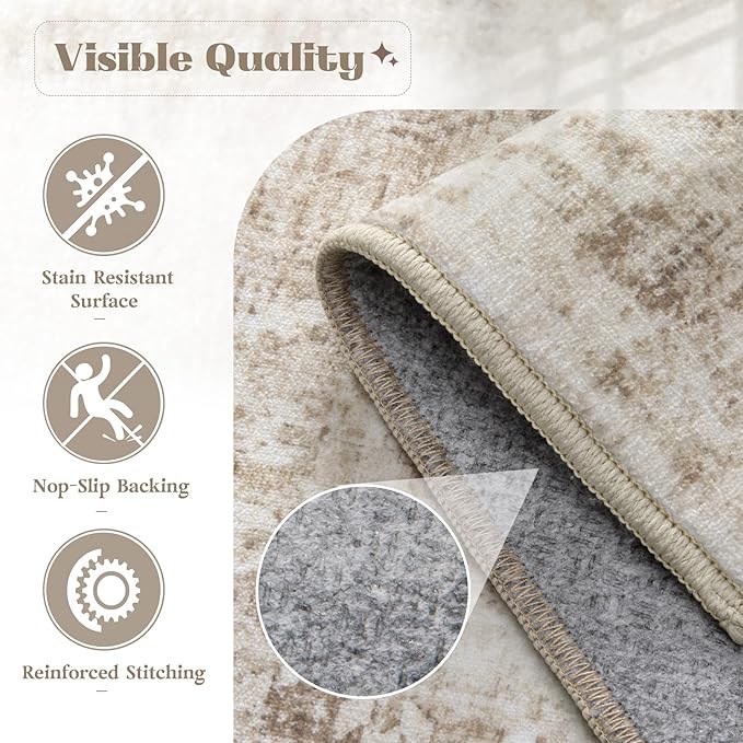Area Rug 9x12 Washable Rug, Vintage Boho Medallion Rugs Non-Slip Soft Low Pile Large Distressed Rug Indoor Retro Carpet for Living Room Bedroom Dining Room Home Office (Brown, 9'x12')