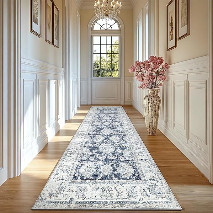 jinchan Fiora Long Hallway Runner Rug 2x12 Machine Washable Runner Rug Dark Blue Vintage Floral Design Non-Slip Ultra-Thin for Kitchen Laundry Room Bedroom Farmhouse (2‘x12', Dark Blue)