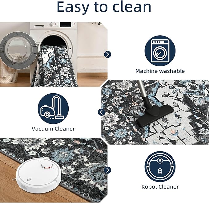 YJ.GWL Area Rugs for Living Room 8x10 Machine Washable Rugs, Non Slip Floral Vintage Rug Indoor Carpet, Stain Resistant Large Rug for Bedroom Dining Room, Black Grey Blue