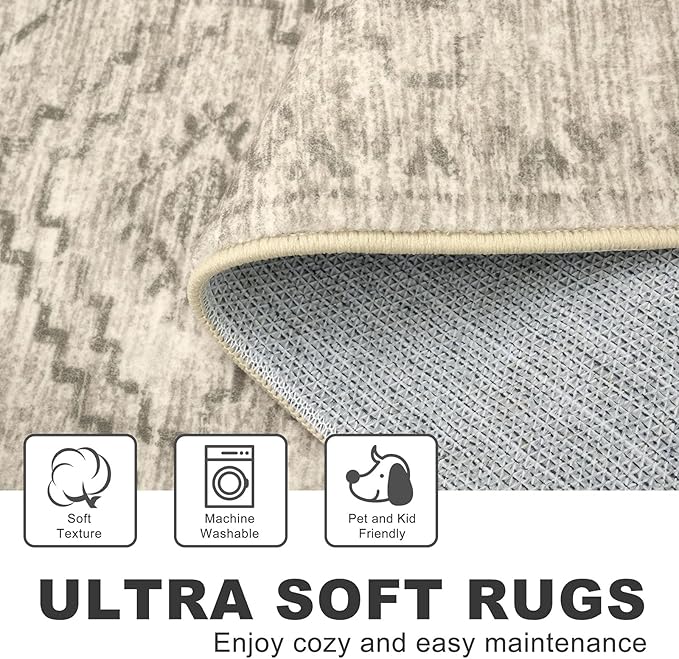 KILOCOCO Boho Kitchen Runner Rug 2x5 Washable Runner Rug Soft Runners for Hallways Non Slip Printed Distressed Laundry Room Rugs, Low-Pile Runners for Entryway Bedroom Living Room, Beige/Gray/Green