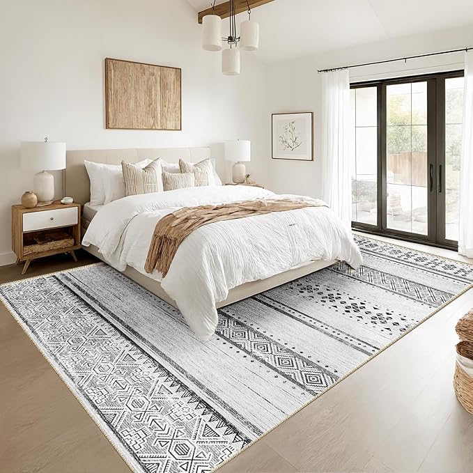 BESTSWEETIE 6x9 Area Rugs for Living Room Washable Moroccan Farmhouse Neutral Geometric Low Pile Non-Slip Soft Print Pattern Rug for Bedroom Kitchen Dining Room Entryway Grey/Black/Navy