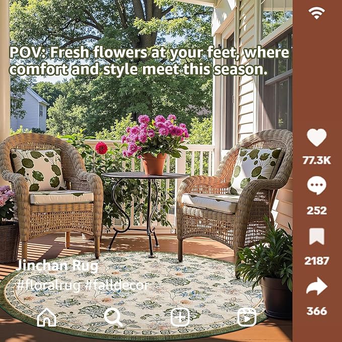 jinchan Elora 7ft Floral Round Rug for Dining Room Washable Living Room Rug Vintage Romance Design Non Slip Indoor Floor Cover Lightweight Low-Profile Throw Carpet for Bedroom Porch Patio, Green/Beige