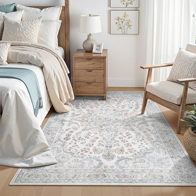 Wonnitar 5x7 Washable Area Rugs, Blue Vintage Floral Rug for Bedroom Decor, Soft Cozy Low Pile Non-Slip Boho Floor Carpet for Living Room Kids Room Office Indoor Décor