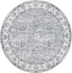 jinchan Fiora Round Rug 7ft Area Rug - Grey Vintage Floor Mat Indoor Ultra-Thin Soft Floral Print - Washable Circle 7' Retro Accent for Farmhouse Non Slip Dining Room Living Room Bedroom Office